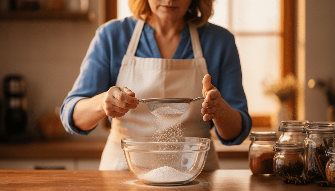 Femme tamisant du bicarbonate alimentaire dans un bol