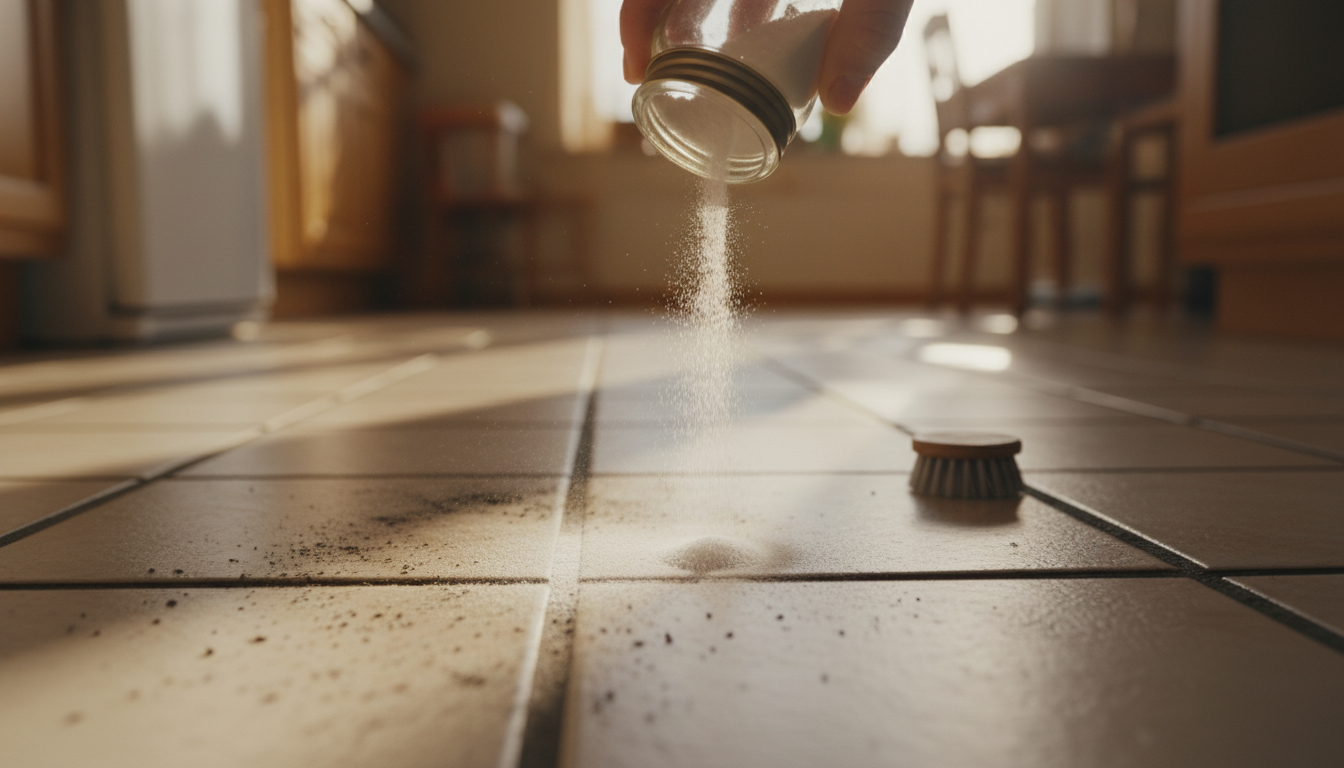 Bicarbonate saupoudré sur des joints de carrelage encrassés
