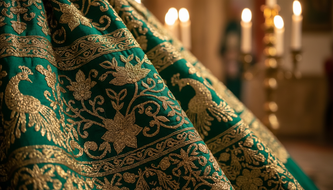 Détail d'une tenue traditionnelle verte de mariage aux broderies dorées