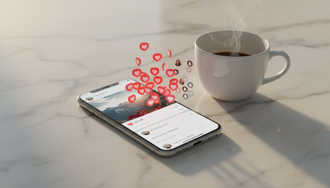 Smartphone affichant une publication Instagram avec des milliers de réactions et commentaires