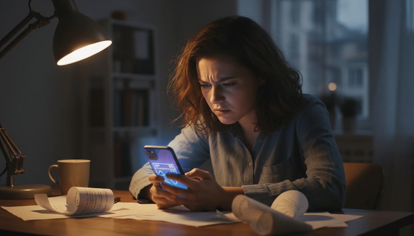 Jeune femme frustrée lisant un scénario sur son téléphone