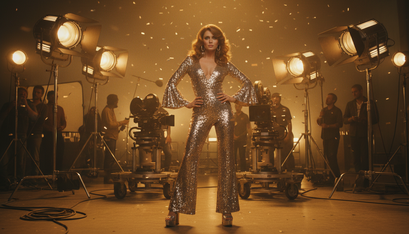 Actrice en costume disco sur un plateau de cinéma