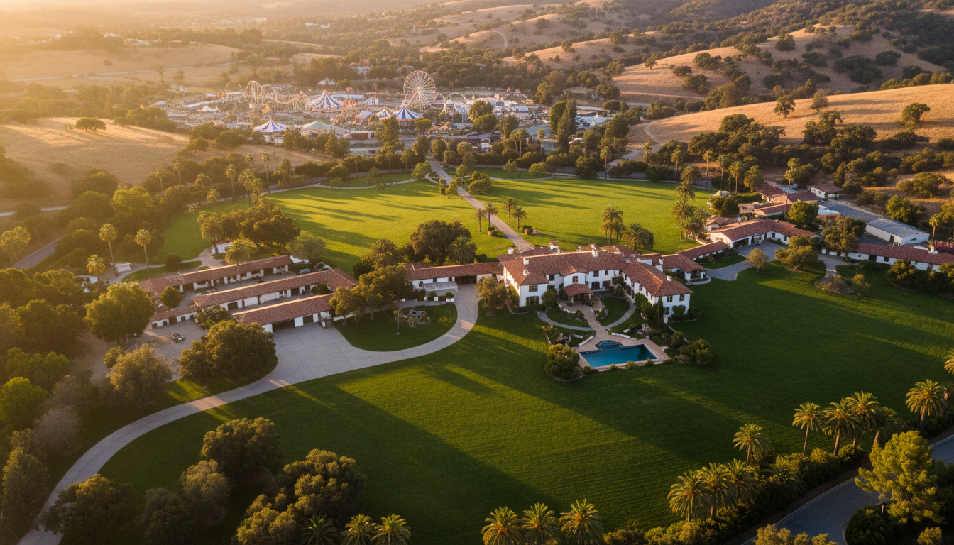 Vue aérienne d'un ranch californien au coucher du soleil