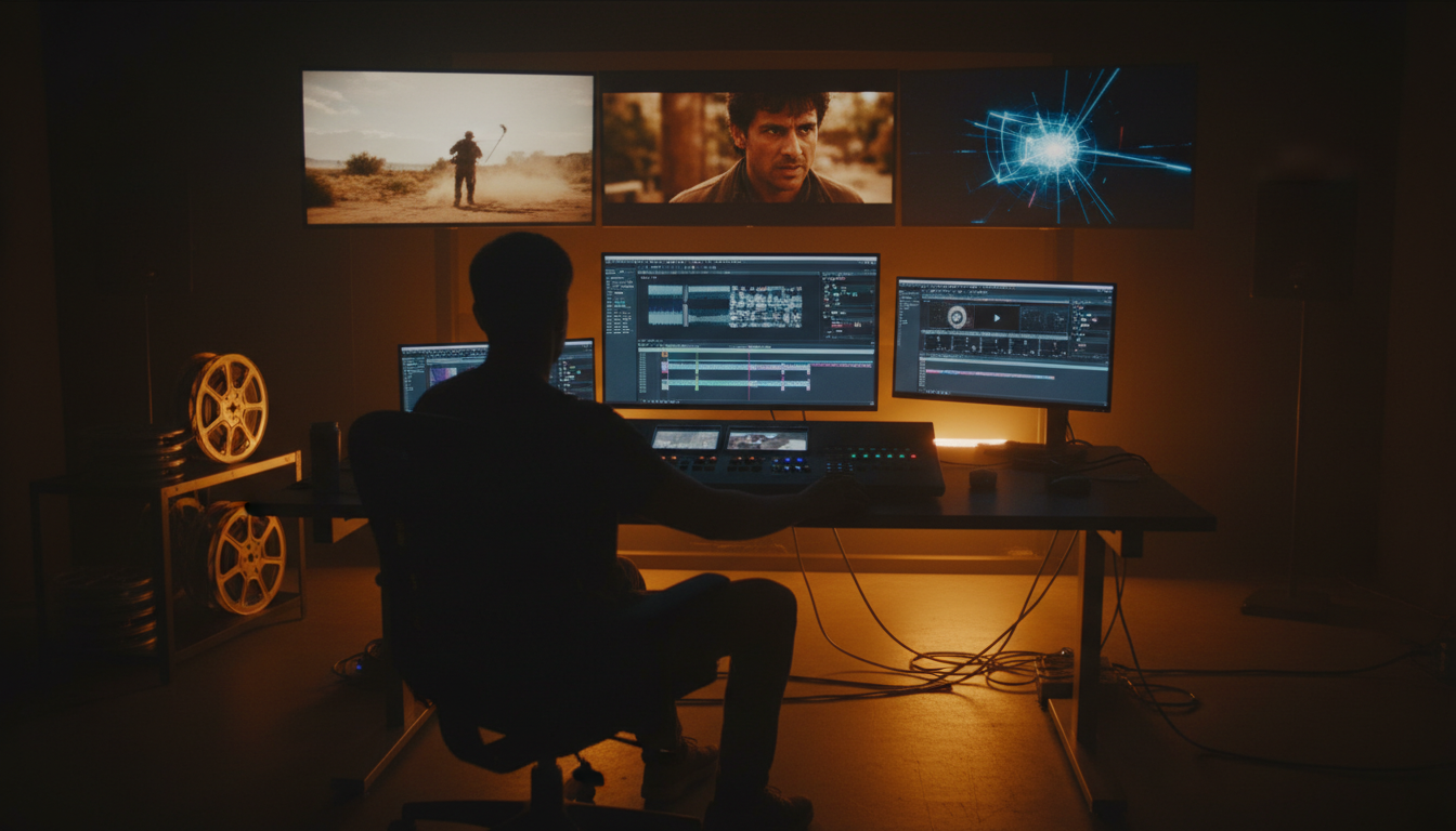 Salle de montage avec écrans et bobines de film