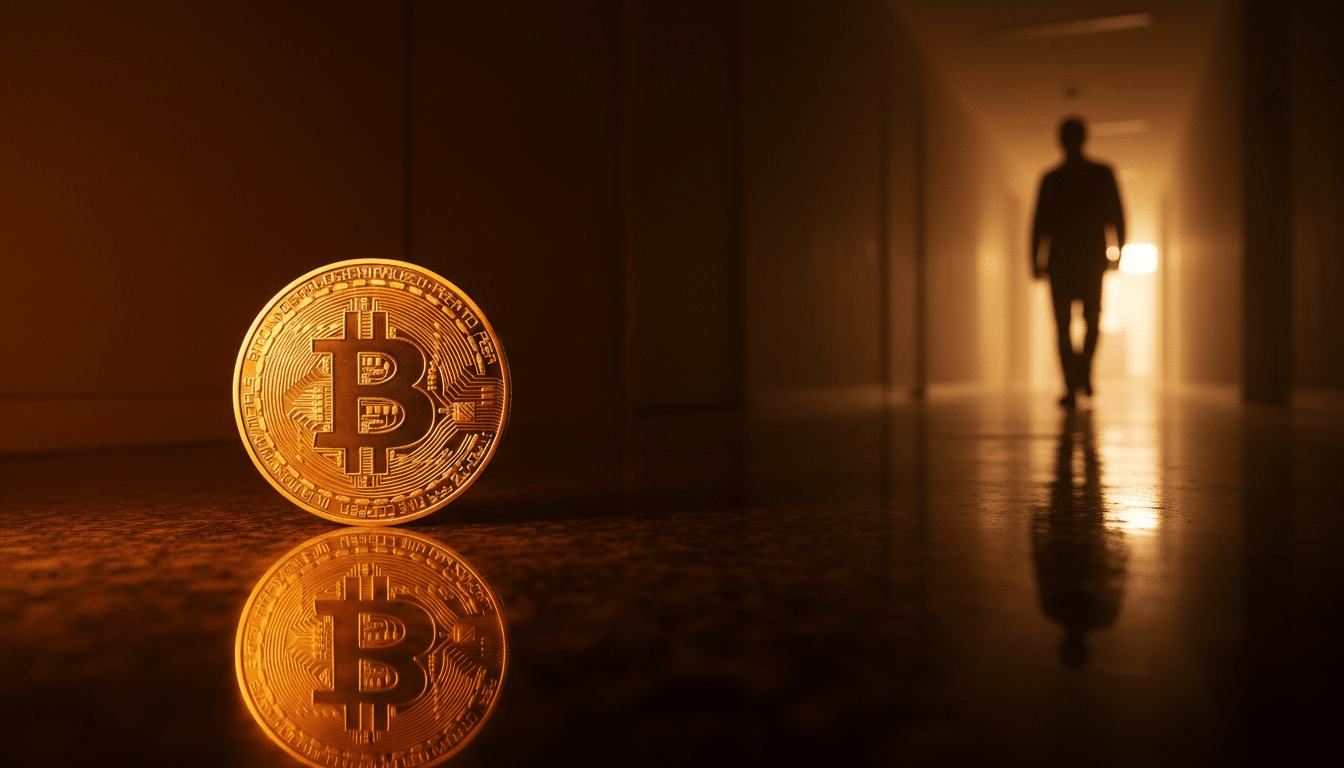 Bitcoin doré avec silhouette anonyme en arrière-plan