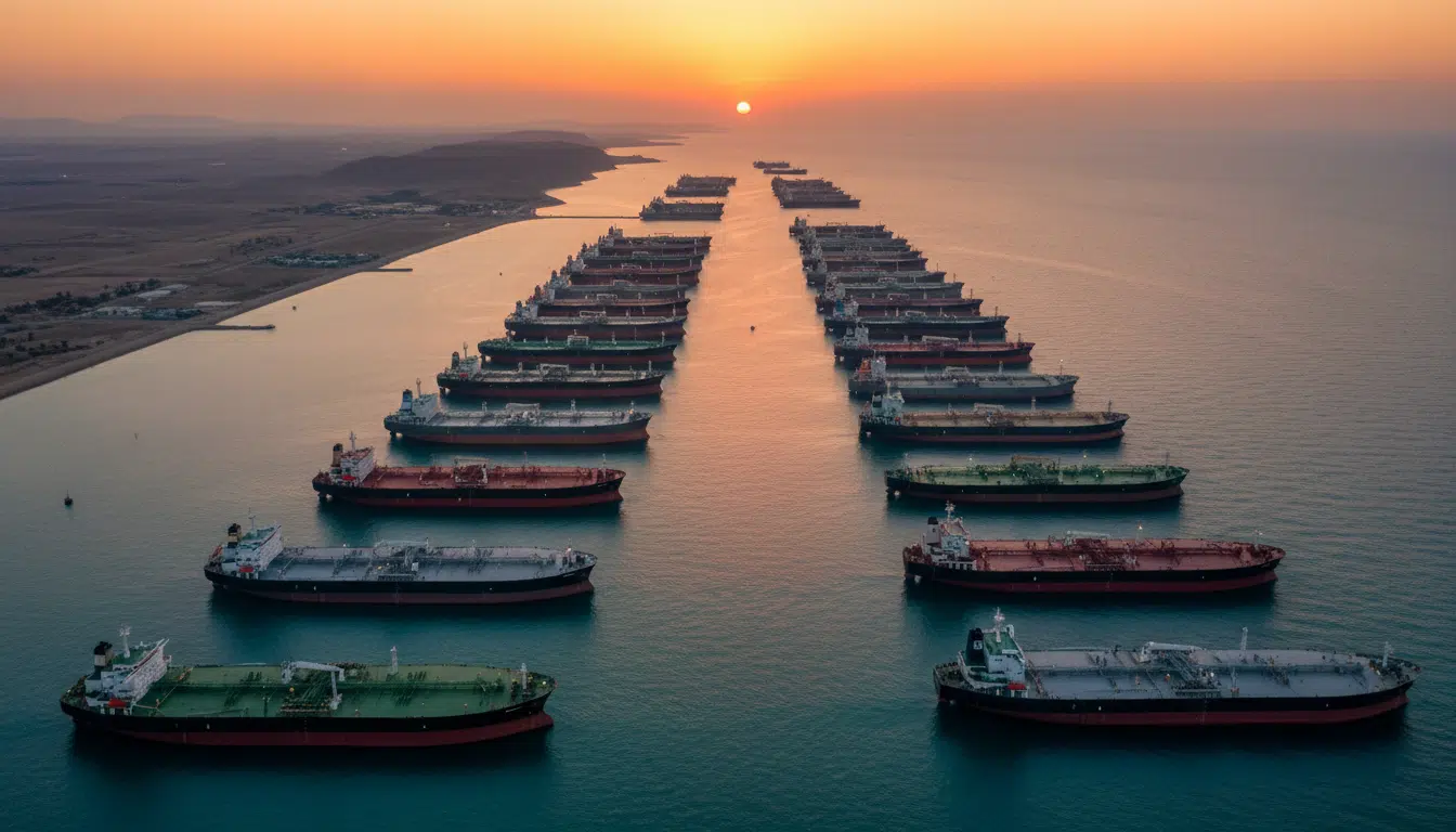 Pétroliers bloqués dans le détroit d'Ormuz au coucher du soleil