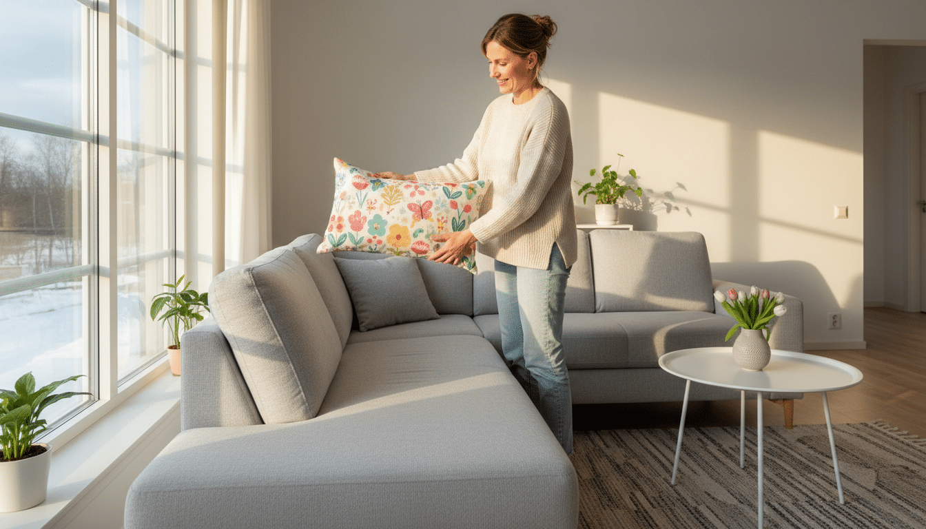 Femme posant un coussin printanier sur un canapé gris