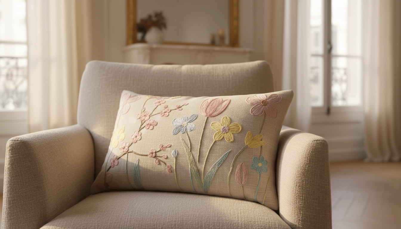 Coussin Hello Spring rectangulaire posé sur un fauteuil beige