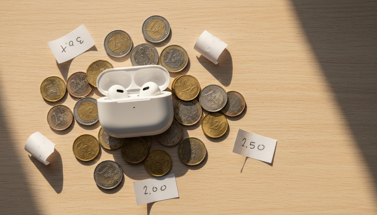 Boîtier AirPods entouré de pièces euros sur bureau