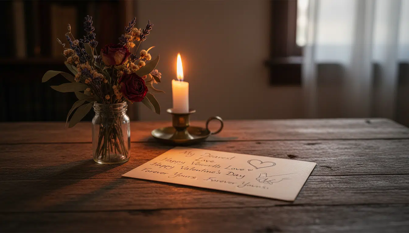 Carte de Saint-Valentin manuscrite posée sur une table en bois à la lueur d'une bougie