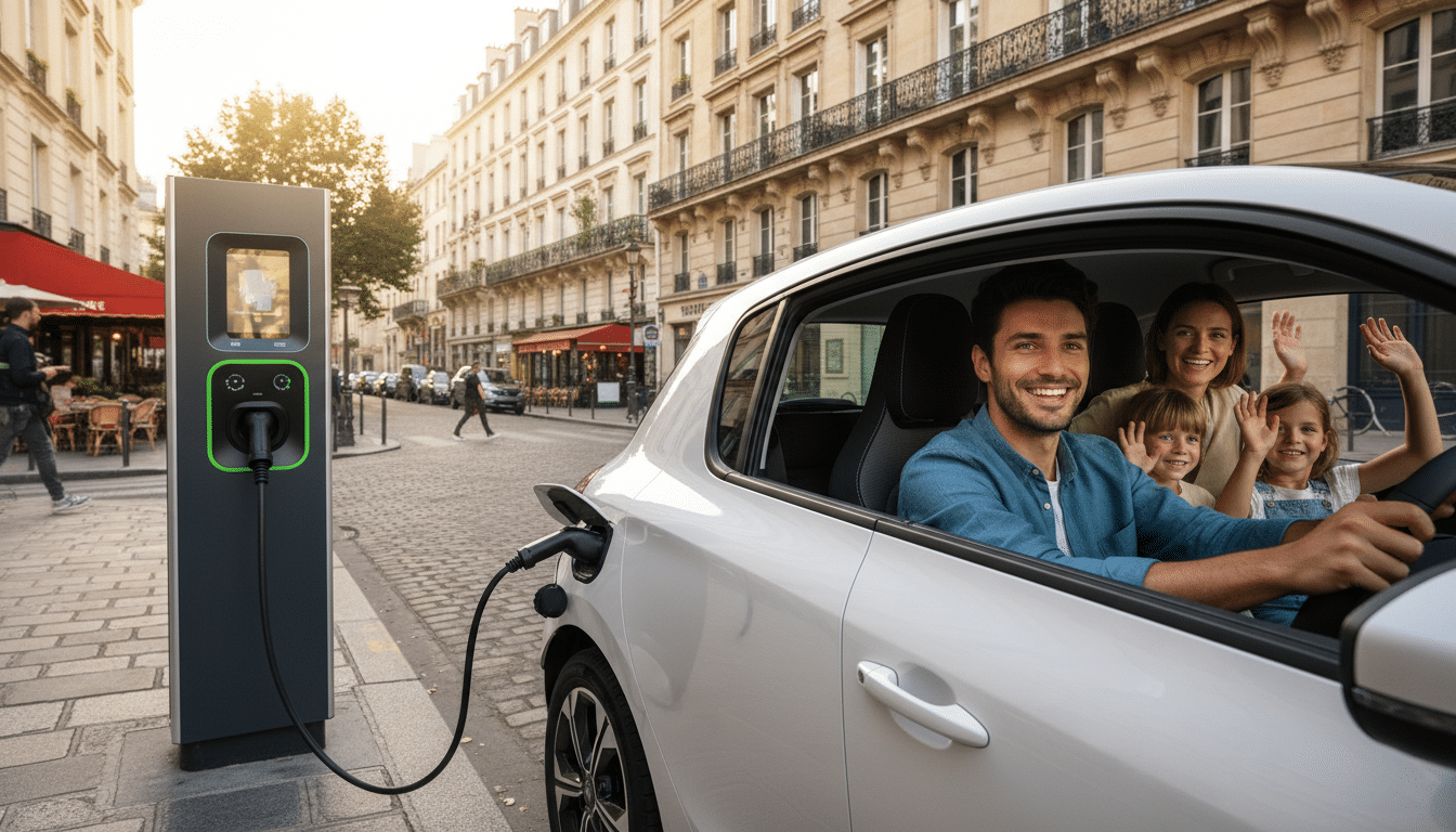 Père de famille essayant une voiture électrique en ville