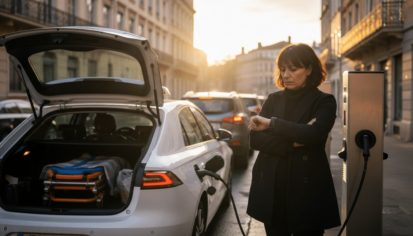 Taxi médical impatiente devant une borne de recharge électrique