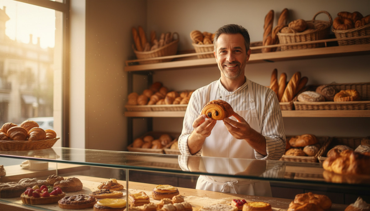 Boulanger français tenant un pain au chocolat doré