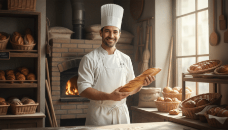 Boulanger souriant tenant une baguette dorée