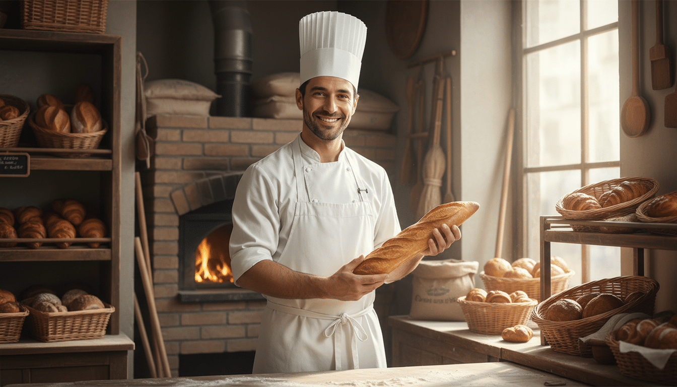 Boulanger souriant tenant une baguette dorée