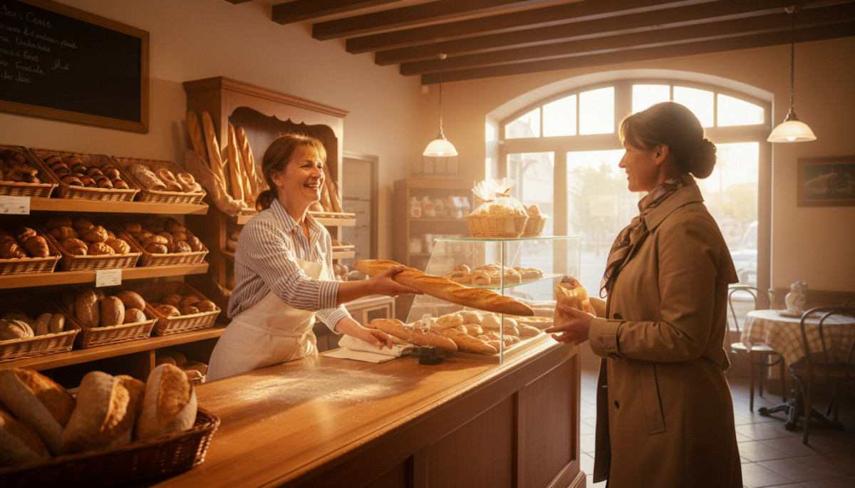 Boulangère française souhaitant bonne journée à un client qui part