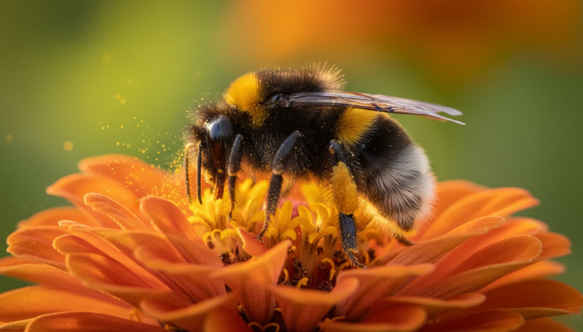 Bourdon récoltant du pollen sur ses pattes arrière