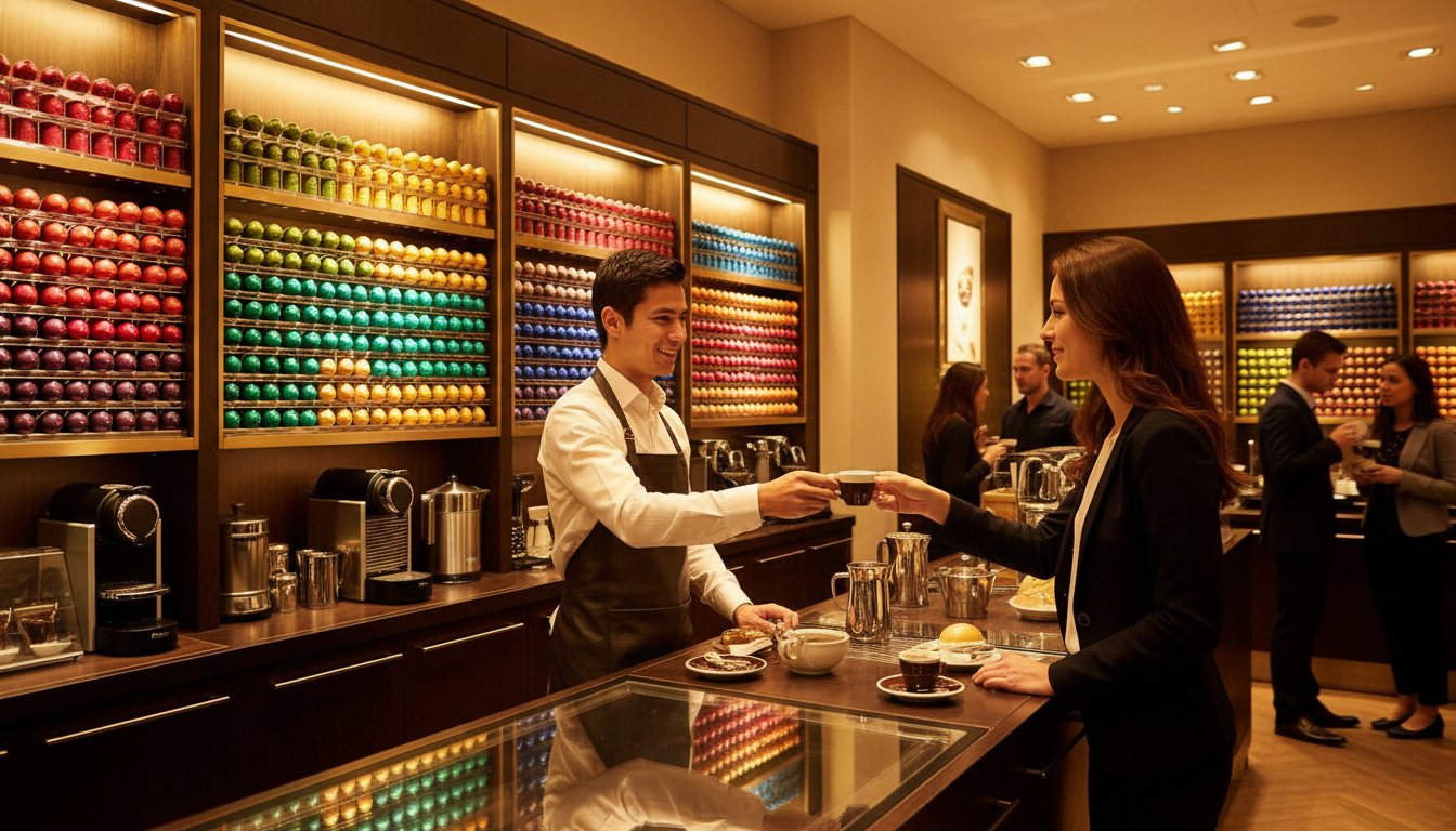 Boutique Nespresso avec rangées de capsules colorées