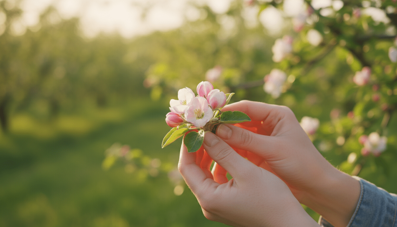 Inspection des boutons floraux d'un pommier au printemps