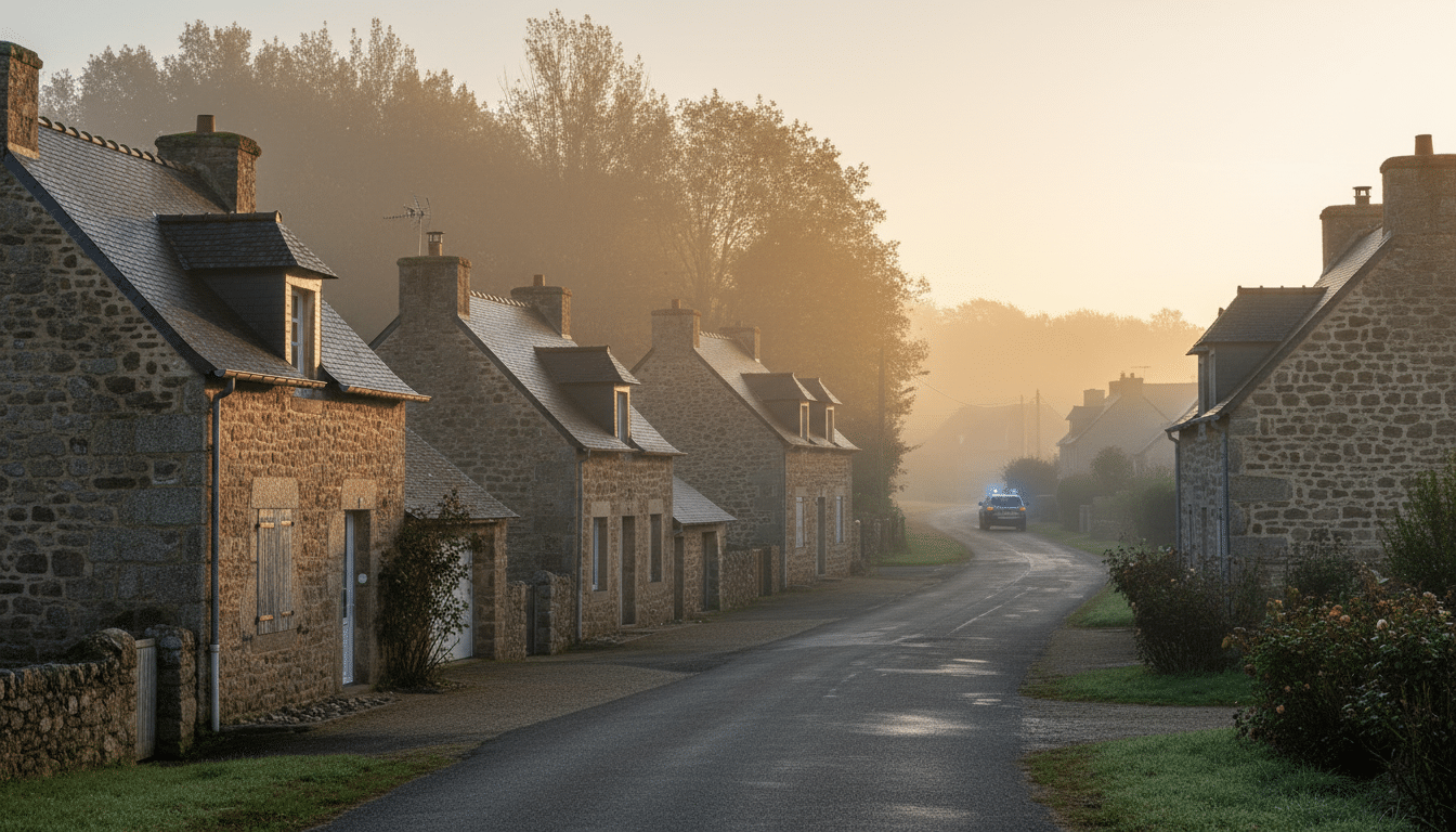 Hameau breton avec véhicule de gendarmerie au loin