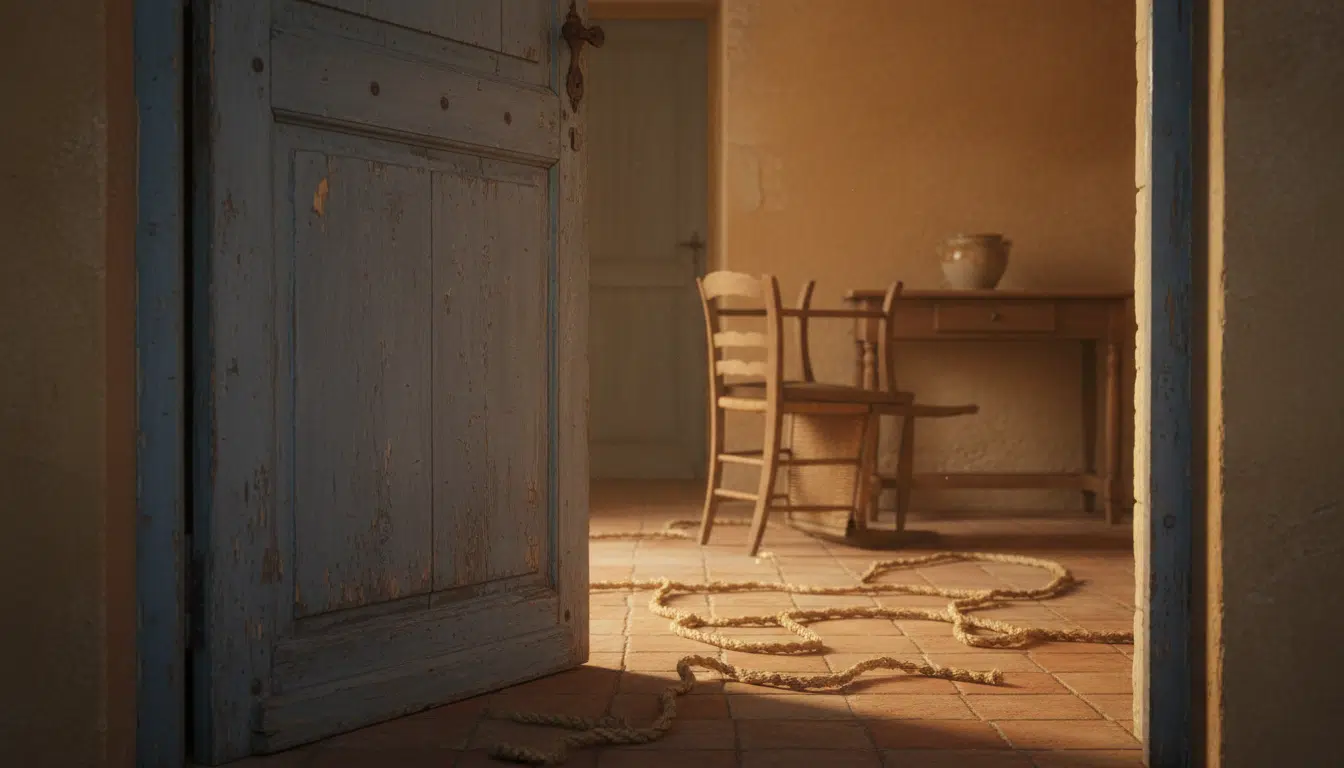Porte d'entrée entrouverte et cordes au sol après séquestration