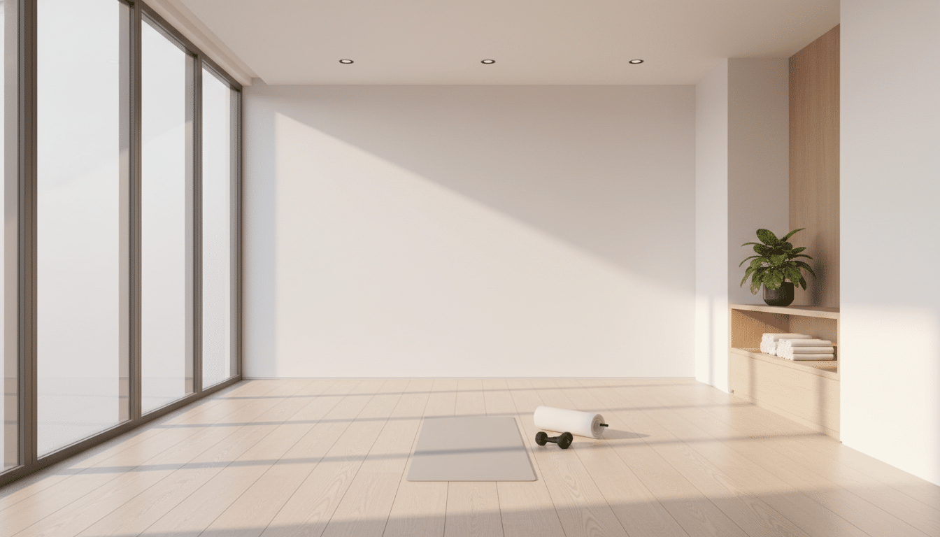 Tapis de yoga déroulé dans un intérieur lumineux et épuré, parfait pour une séance d'abdominaux quotidienne