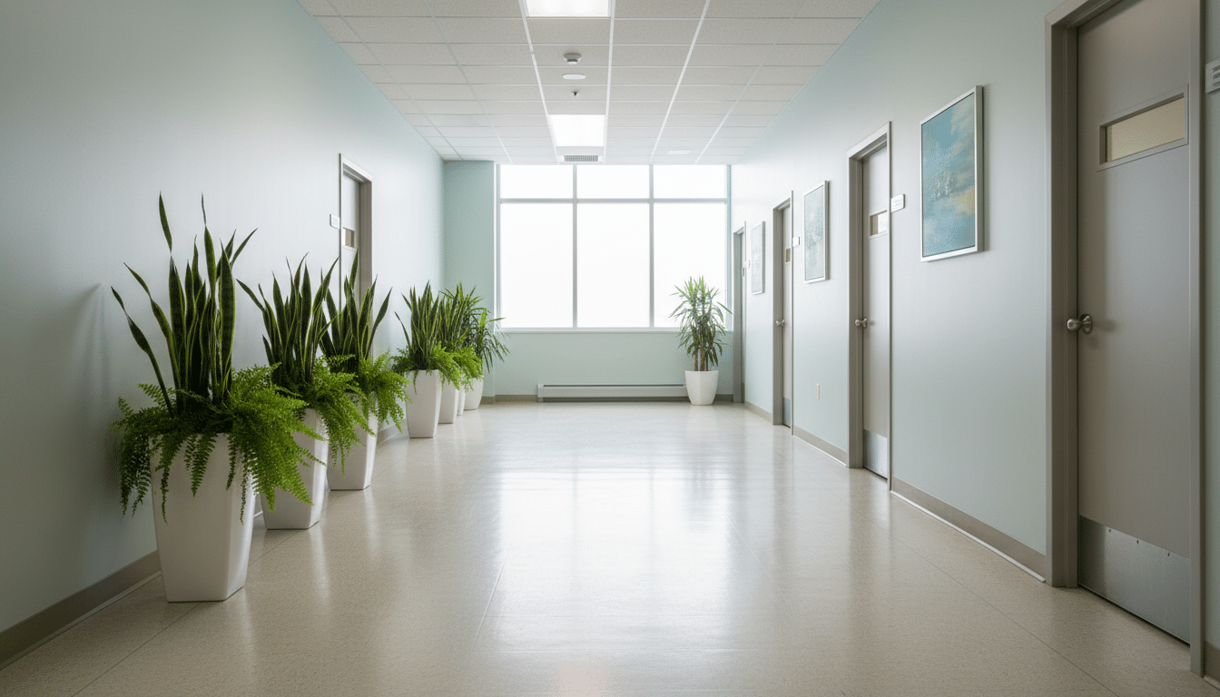 Couloir d'un centre de réhabilitation vide, lumière naturelle douce, ambiance calme et médicale