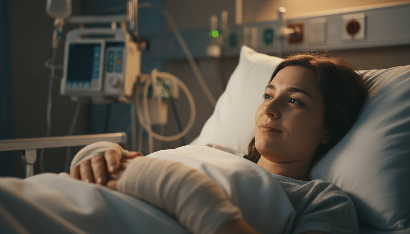 Jeune femme hospitalisée aux mains bandées regardant vers l'avenir