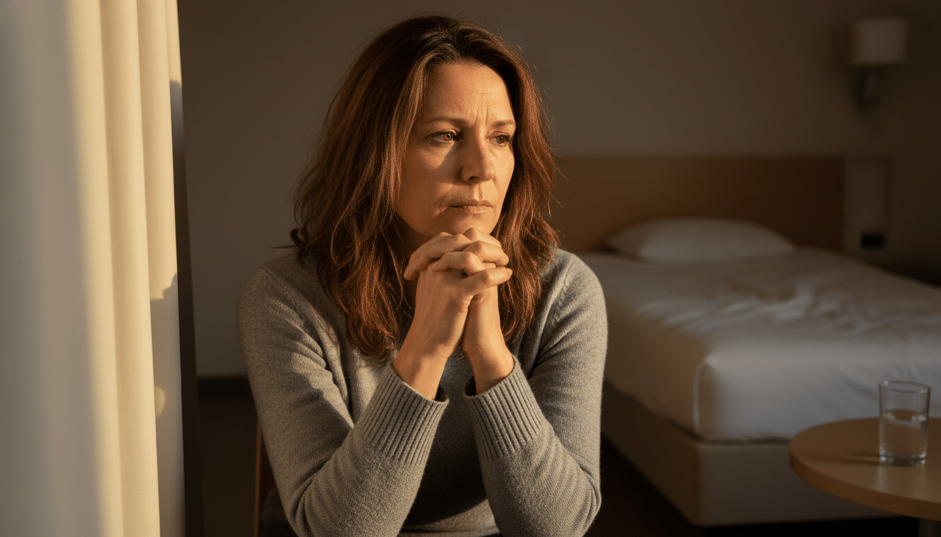 Mère inquiète attendant seule dans une chambre d'hôtel