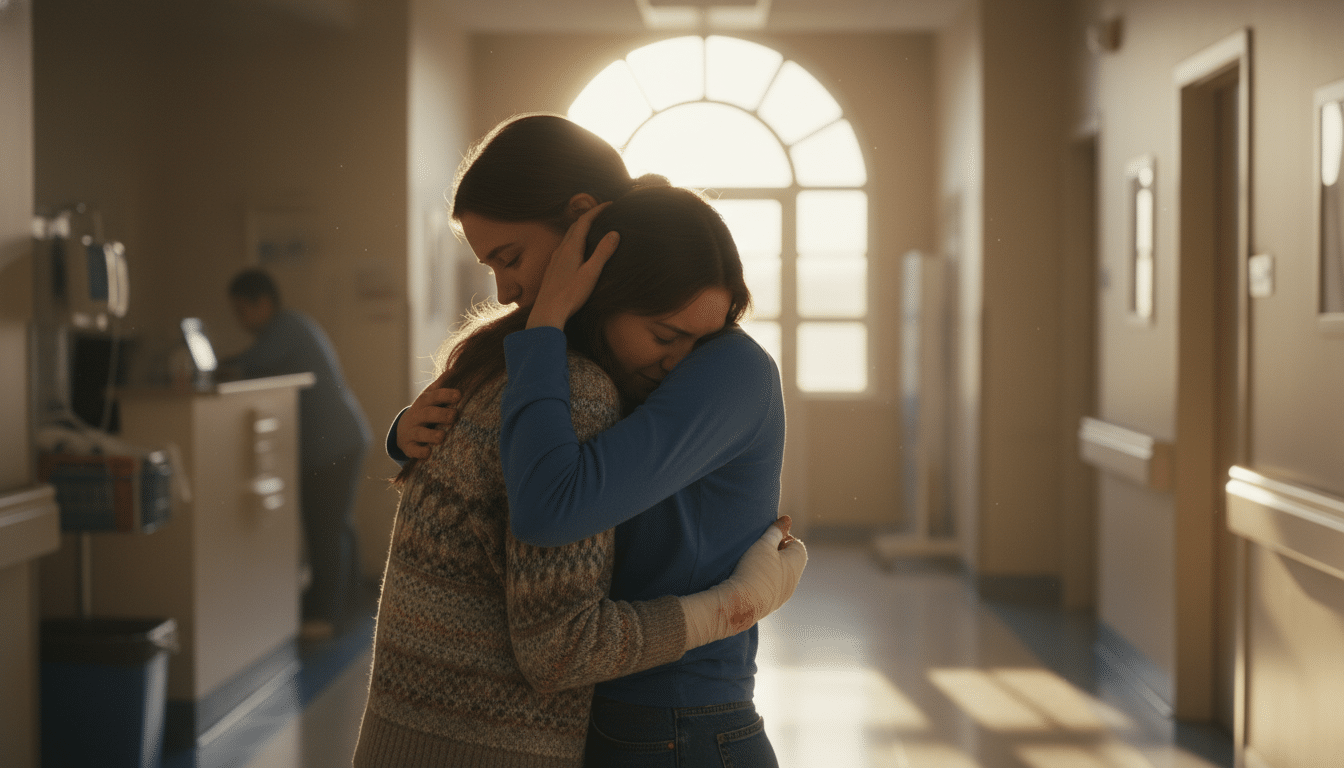 Deux sœurs s'étreignant dans un couloir d'hôpital