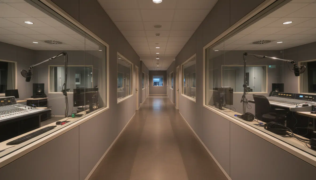 Coulisses d'une radio publique française avec équipements audio visibles à travers une vitre