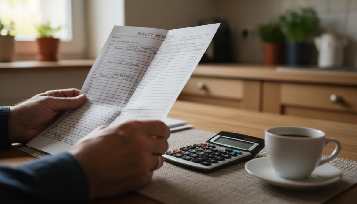 Budget mensuel calculé à la main sur papier
