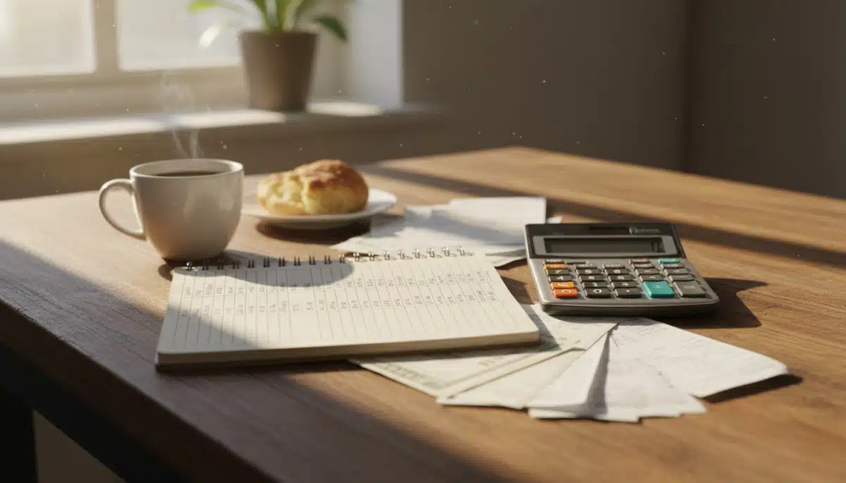 Budget mensuel noté dans un carnet avec calculatrice et factures