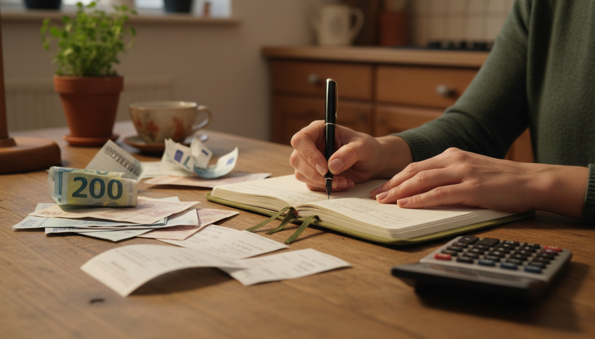 Budget mensuel noté dans un carnet avec des factures