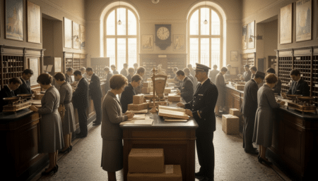 Bureau de poste français animé dans les années 60.