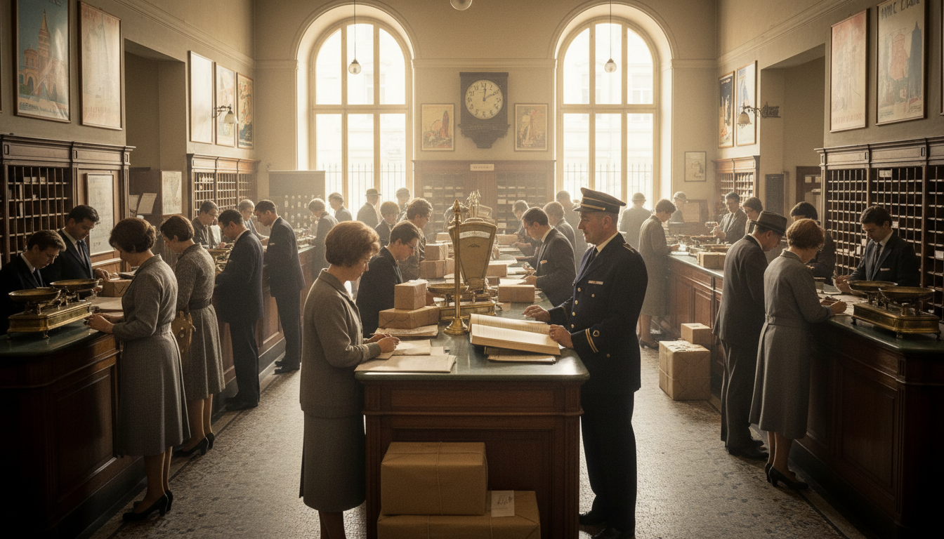 Bureau de poste français animé dans les années 60.