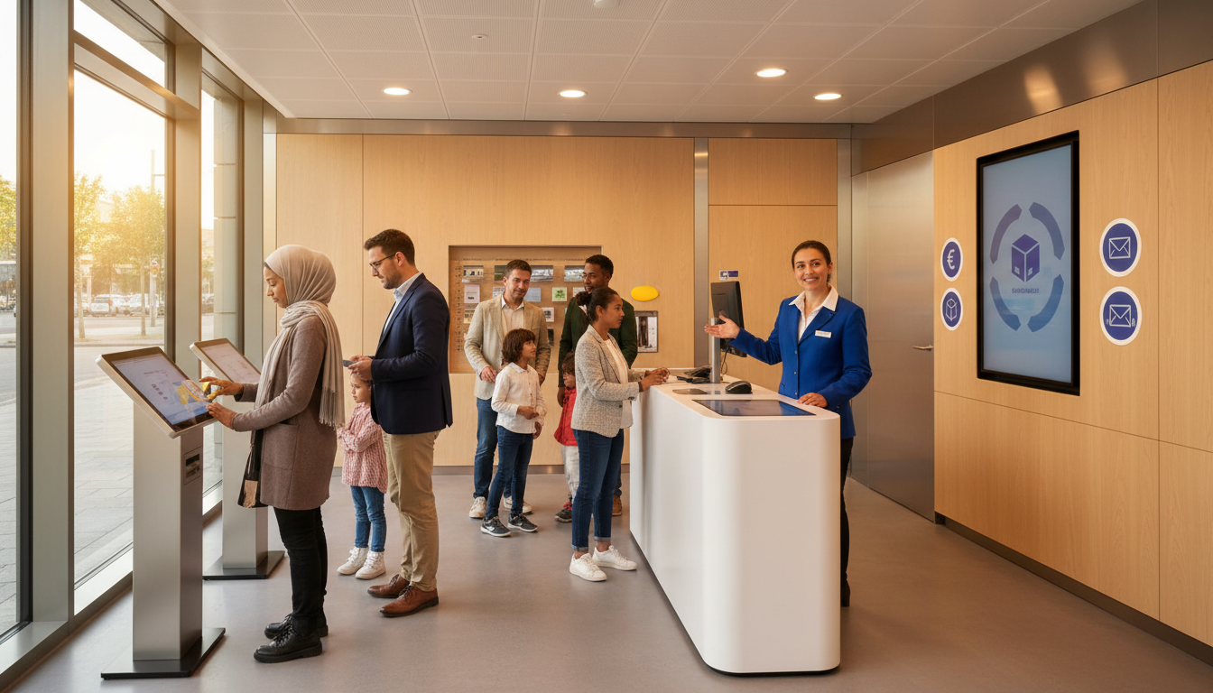 Bureau de poste moderne et numérique en France en 2024.