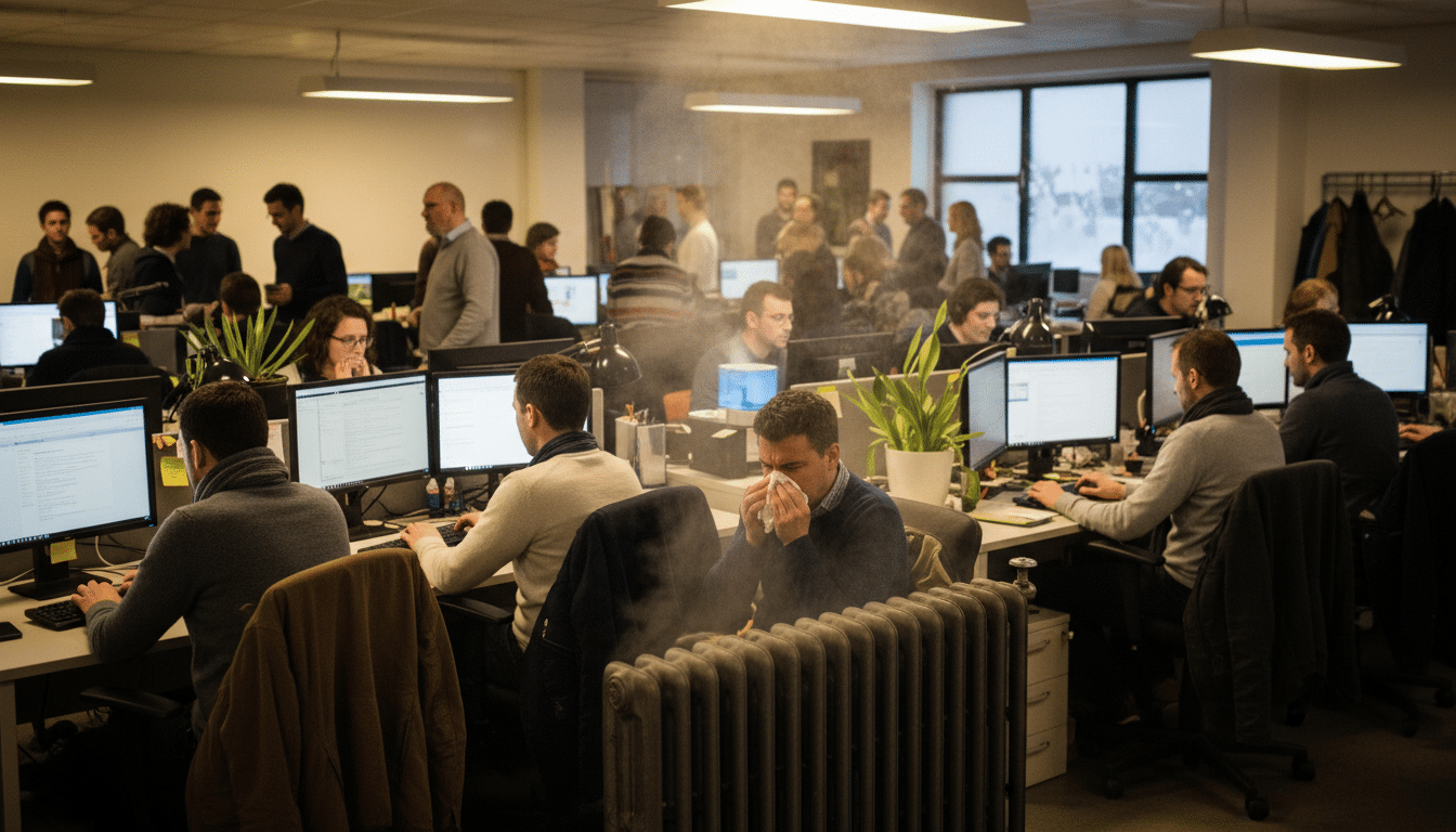 Bureau surchauffé en hiver avec collègues proches