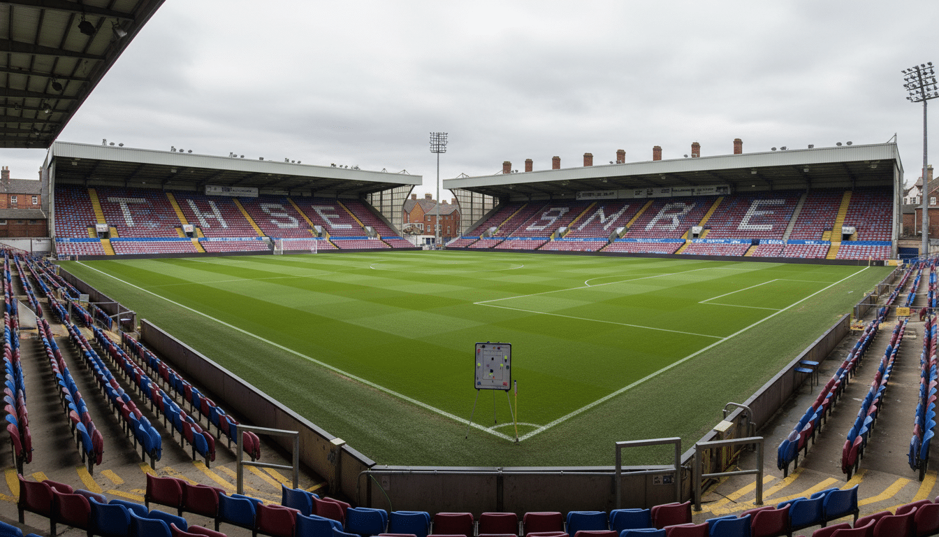 Stade de Turf Moor vide avec tableau tactique près du banc de touche