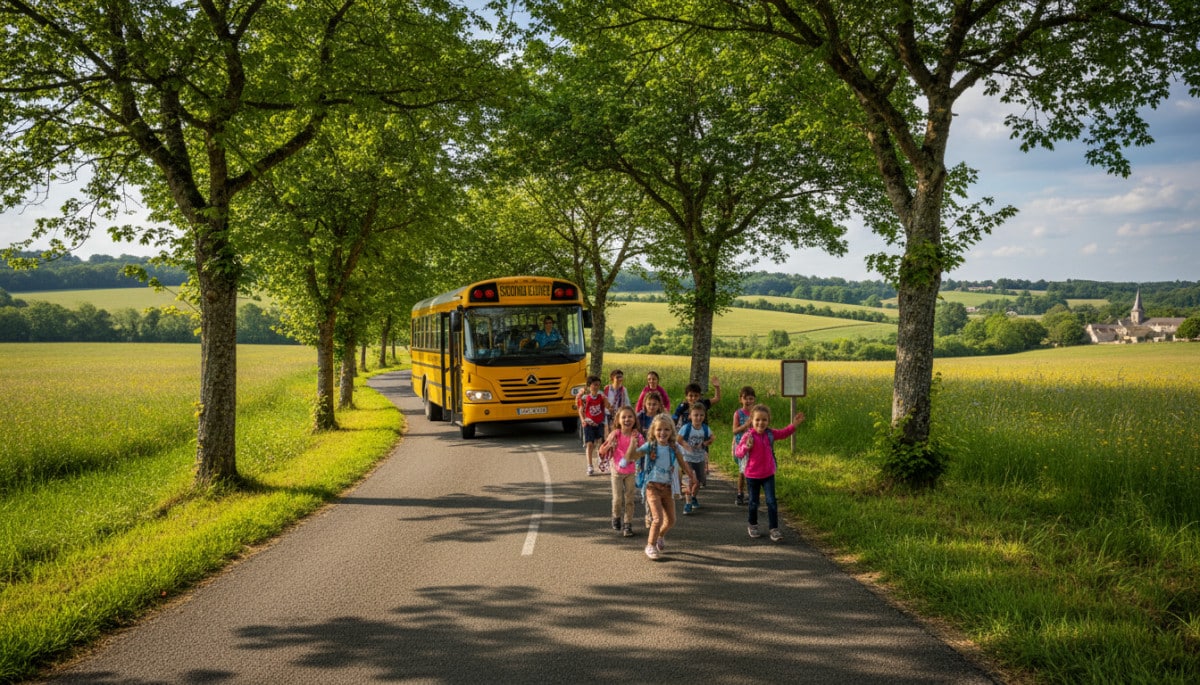 Bus scolaire ramassant des enfants sur une route de campagne française.