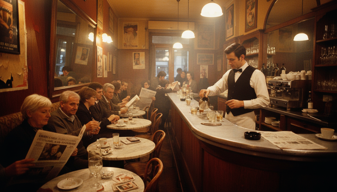 Café français traditionnel animé des années 70