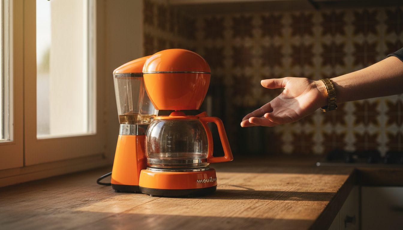 Cafetière Moulinex vintage orange chromée années 70 sur plan de travail
