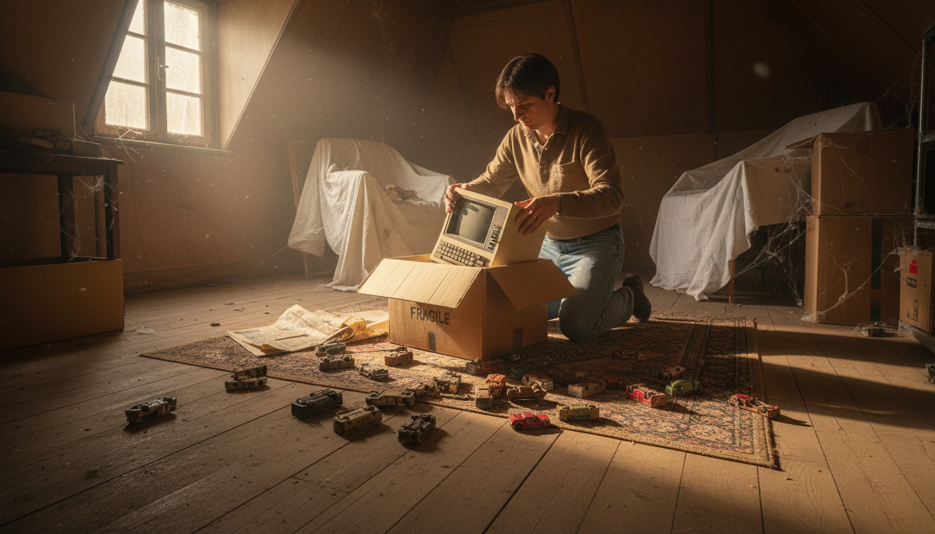 Grenier avec carton ouvert contenant un Minitel et des voitures Majorette