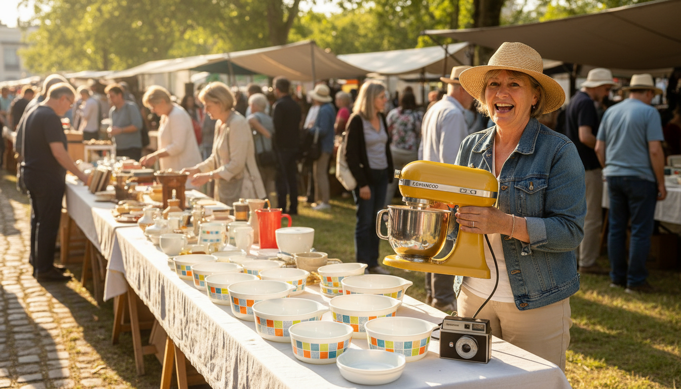 Marché aux puces avec robot Kenwood Chef vintage et objets de collection