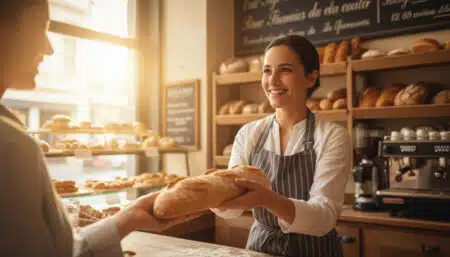 caissière française souriante qui dit avec plaisir