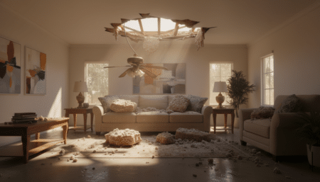 Trou dans le plafond et glace dans un salon en Californie
