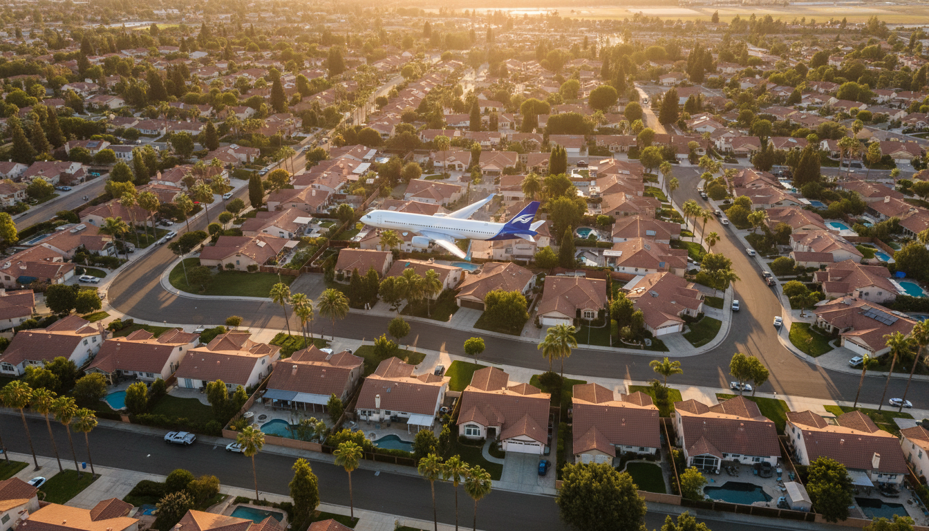 Avion survolant un quartier résidentiel de Whittier en Californie