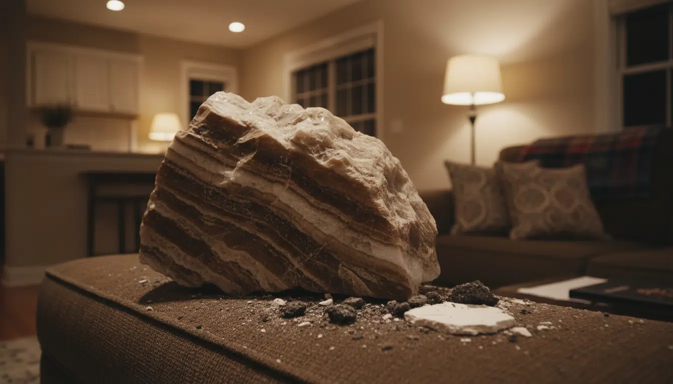Bloc de glace marron posé sur l'accoudoir d'un canapé