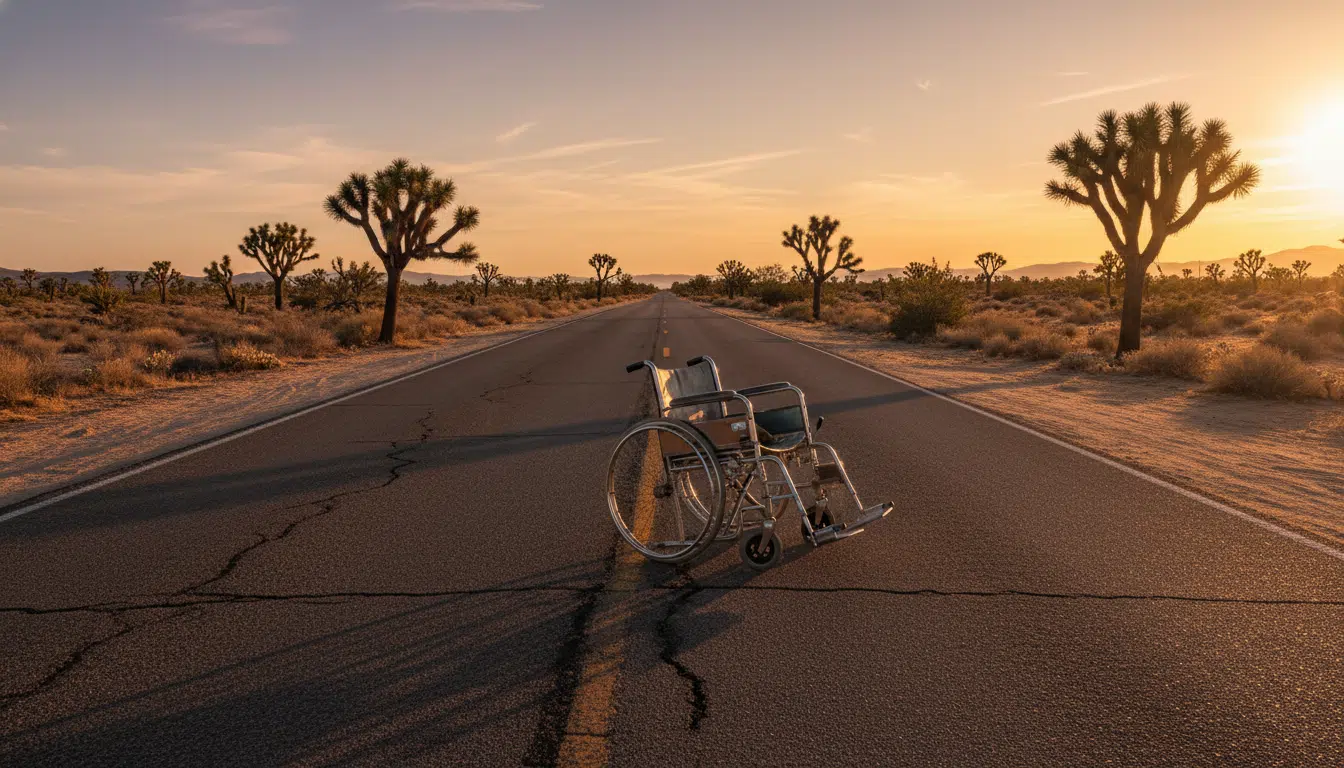 Fauteuil roulant renversé sur une route désertique en Californie