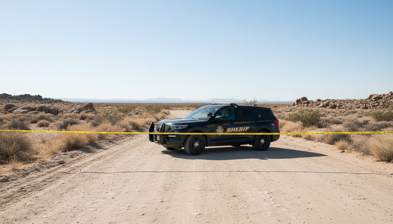 Véhicule du shérif et ruban de scène de crime dans le désert